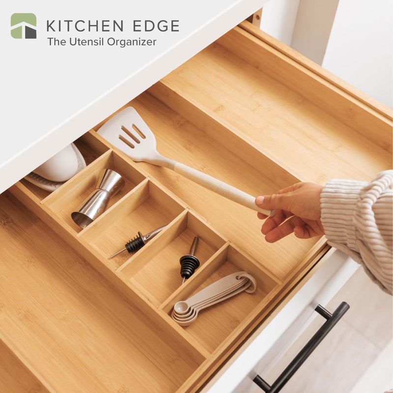 KitchenEdge Adjustable Kitchen Drawer Organizer for Utensils and Junk, Food-Safe Contract Grade with 100% Sustainable Wood, Expandable from 19 to 33 Inches Wide - Natural Bamboo - Image 2